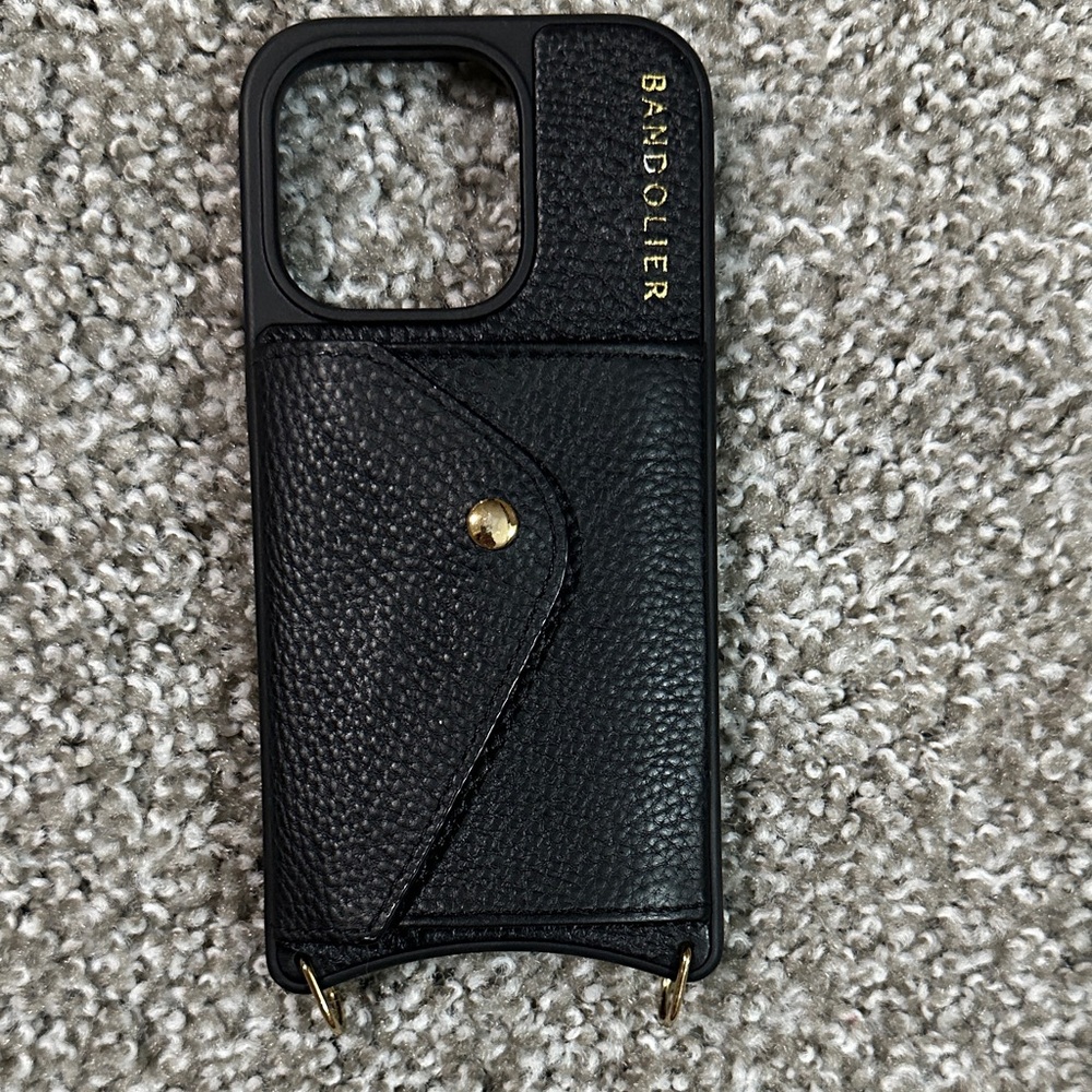 Bandolier Black Leather Phone Case with Gold Accents